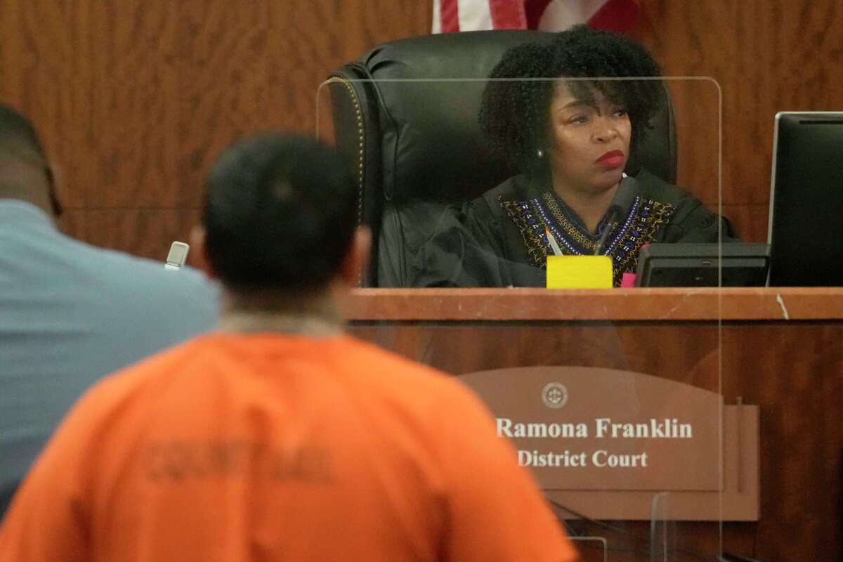 Judge Ramona Franklin is shown at Harris County 338th District Criminal Court as Hernan Torres, Jr. has an appearance Wednesday, May 8, 2024, in Houston. Hernan Torres, Sr. and his two sons, Hernan Torres, Jr. and Hernando Torres, are charged with murder over the April 1 shooting death of Luis Alfredo Pacheco Rojas.