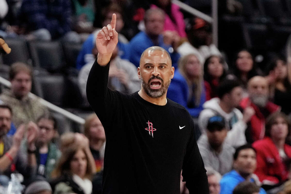 Houston Rockets head coach Ime Udoka signals from the sideline during the second half of an NBA basketball game against the Detroit Pistons, Friday, Jan. 12, 2024, in Detroit.