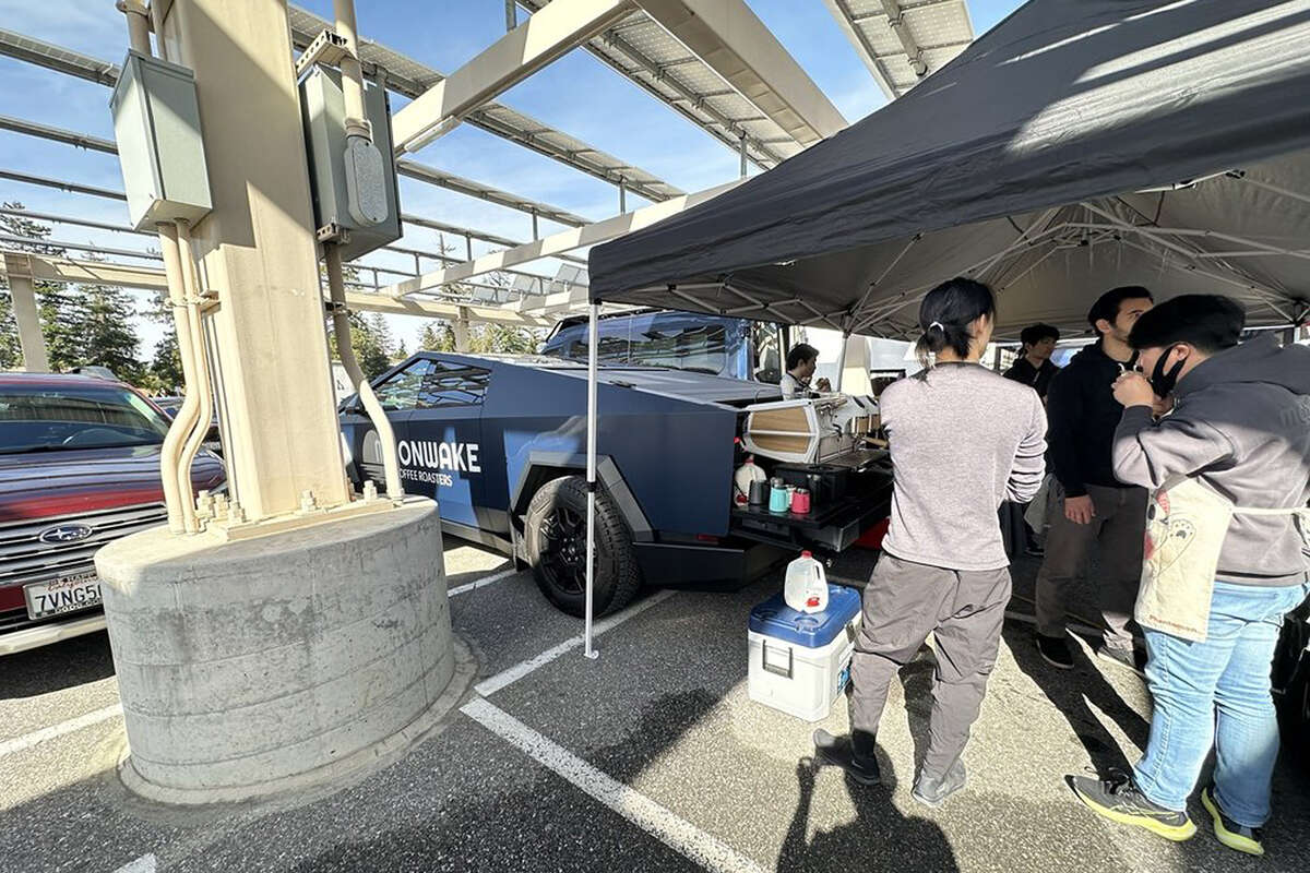 Moonwake Coffee in Silicon Valley makes espsressos and other signature coffee drinks using electricity from a Tesla Cybertruck.