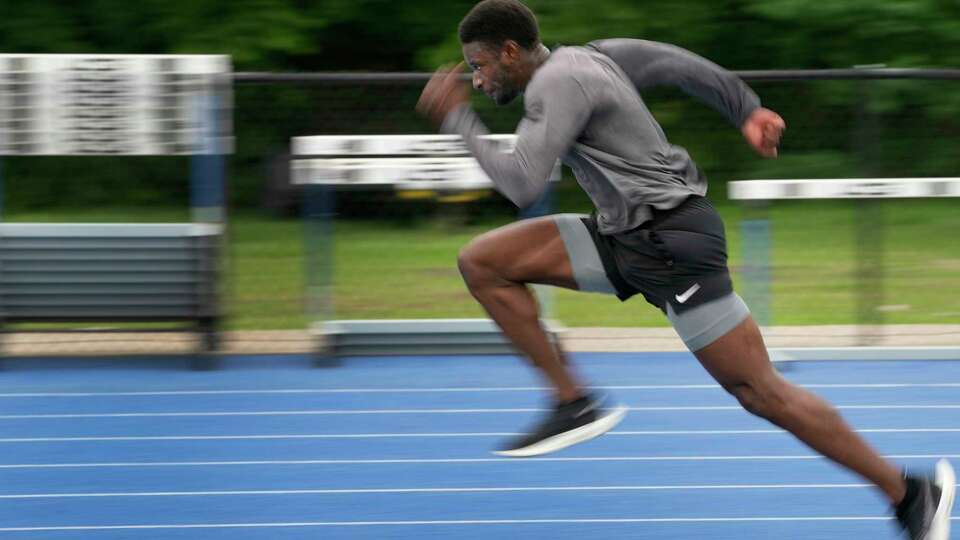 Bryce Deadmon trains at Wendel D. Ley Track at Rice University Tuesday, May 7, 2024, in Houston. He is a reigning Olympic gold medalist in the 4x400 relay, and he's getting ready for the 2024 Olympic Games in Paris.