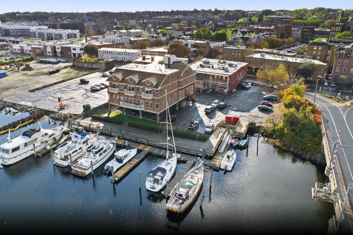 An aerial view of SoNo Harbor Landing, an $8.2 million property for sale in South Norwalk.