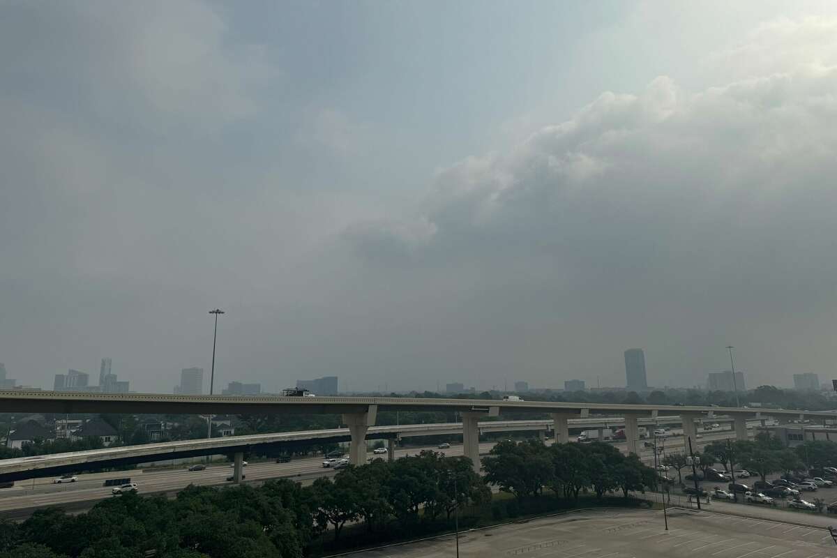 A smoky haze can be seen blanketing the Houston area on Thursday morning. 