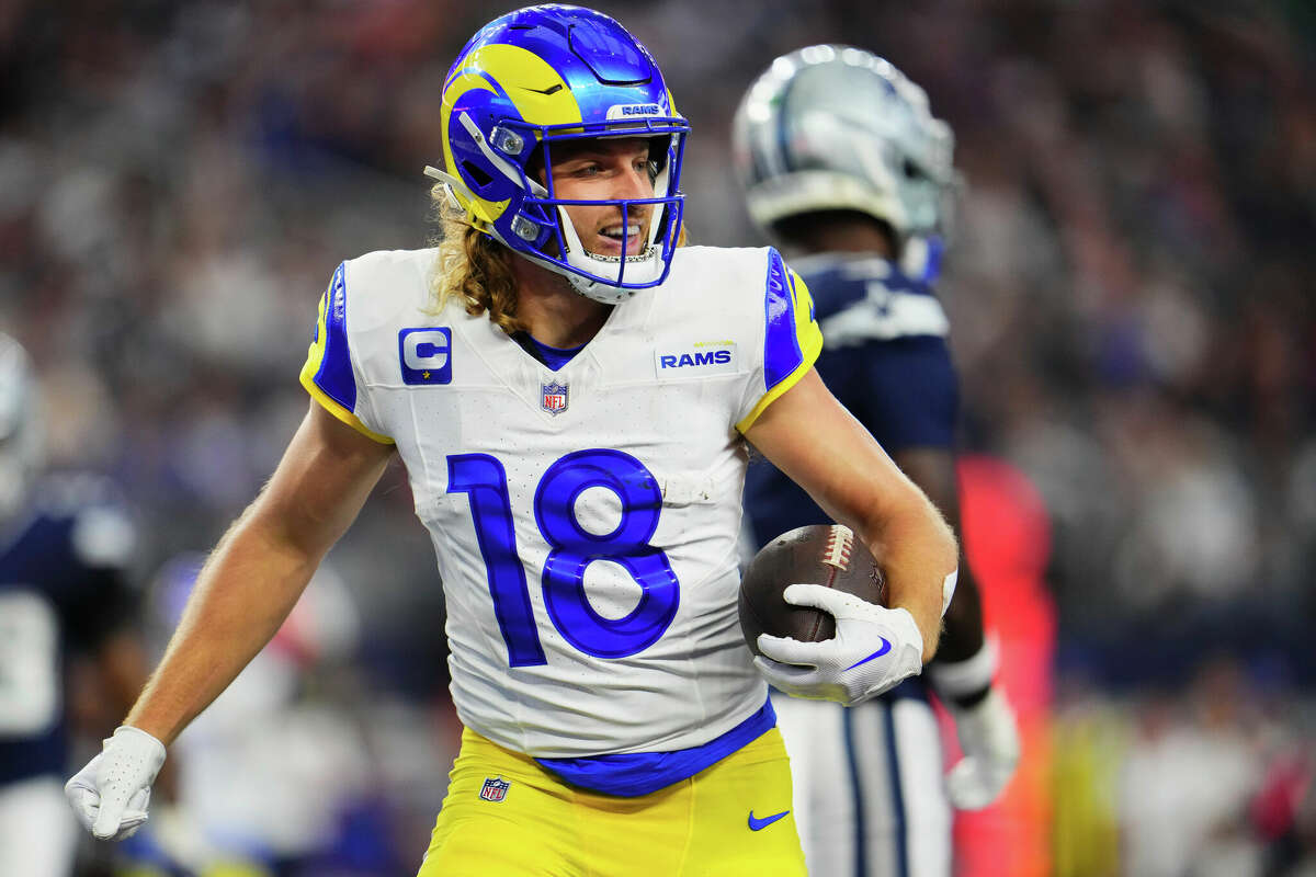 Ben Skowronek #18 of the Los Angeles Rams celebrates after scoring a touchdown against the Dallas Cowboys at AT&T Stadium on October 29, 2023 during the second half in Arlington, Texas. 