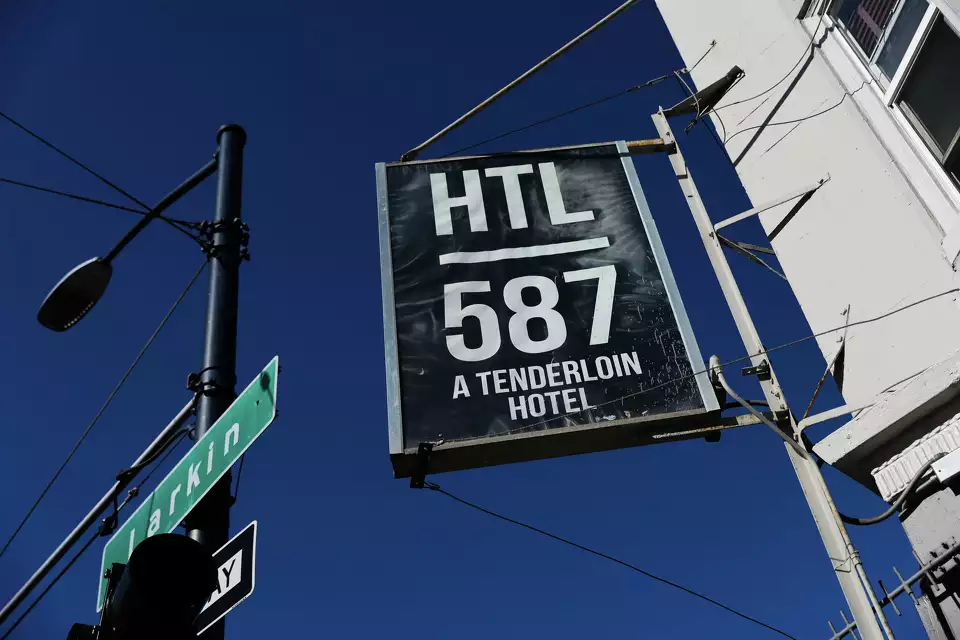 The exterior of a former Tenderloin hotel where the city runs a managed alcohol program on Eddy Street in San Francisco. The program also offers participants medications and therapy to reduce alcohol cravings.