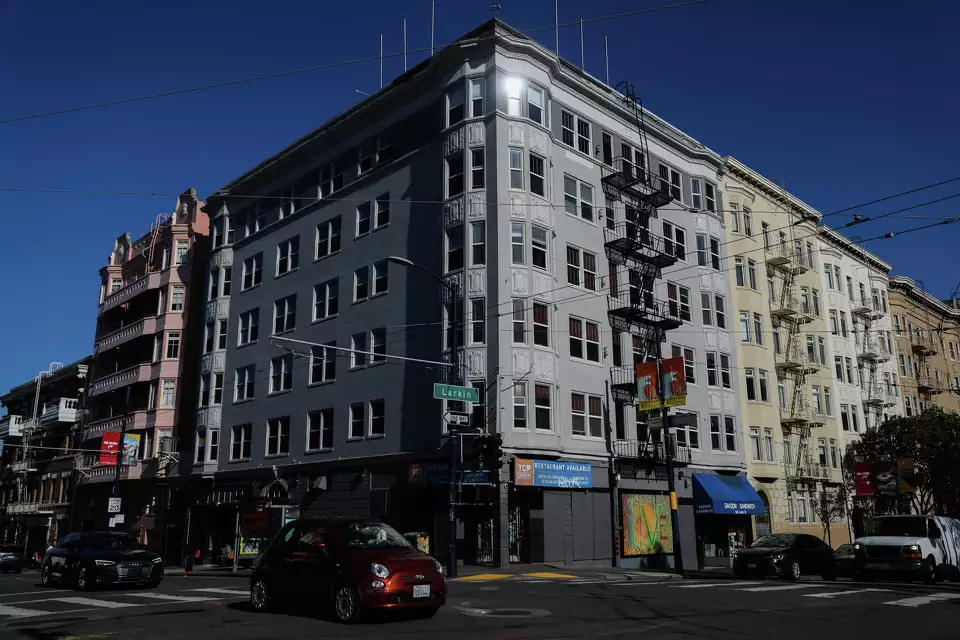 The exterior of a former Tenderloin hotel where the city runs a managed alcohol program on Eddy Street in San Francisco. Nurses at the facility dispense regimented doses of vodka and beer to participants at certain times of day based on care plans.