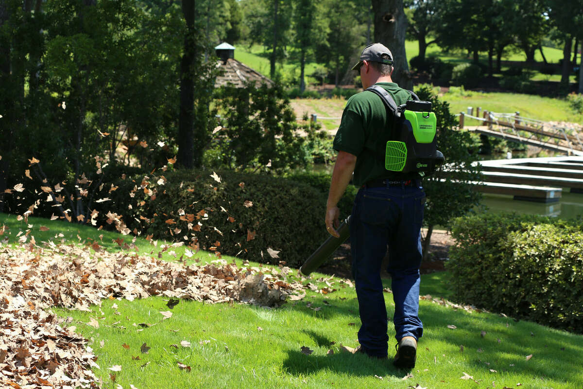 A photo for media distribution of a battery-powered backpack leaf blower from Greenworks. With a handful of Connecticut municipalities restricting the use of gas-powered blowers, larger numbers in New York are doing so, with California putting a ban in place on the purchase of new leaf blowers powered by internal combustion engines. (Greenworks file media photo via PRNewswire)