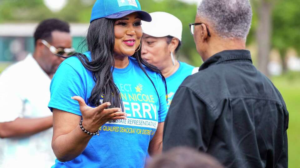 Texas State Rep. Shawn Thierry during a campaign event alongside over 50 African American pastors at Sunnyside Park on Saturday, May 11, 2024, in Houston.