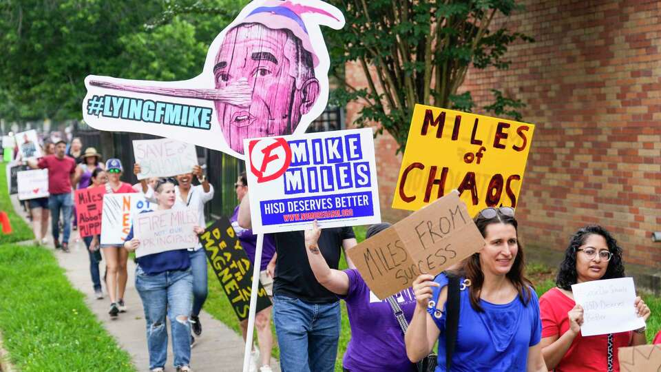 Meyerland Performing and Visual Arts Middle School parents and students demonstrate against the resignation notice of Principal Auden Sarabia on Monday, May 13, 2024 in Houston. Sarabia told staff he must either resign by Tuesday or go before the district's Board of Managers.