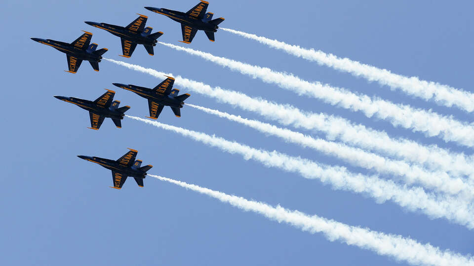 The U.S. Navy Blue Angels fly past The Woodlands on their way through the Houston area in support of frontline workers battling the COVID-19 pandemic, Wednesday, May 6, 2020, in The Woodlands.