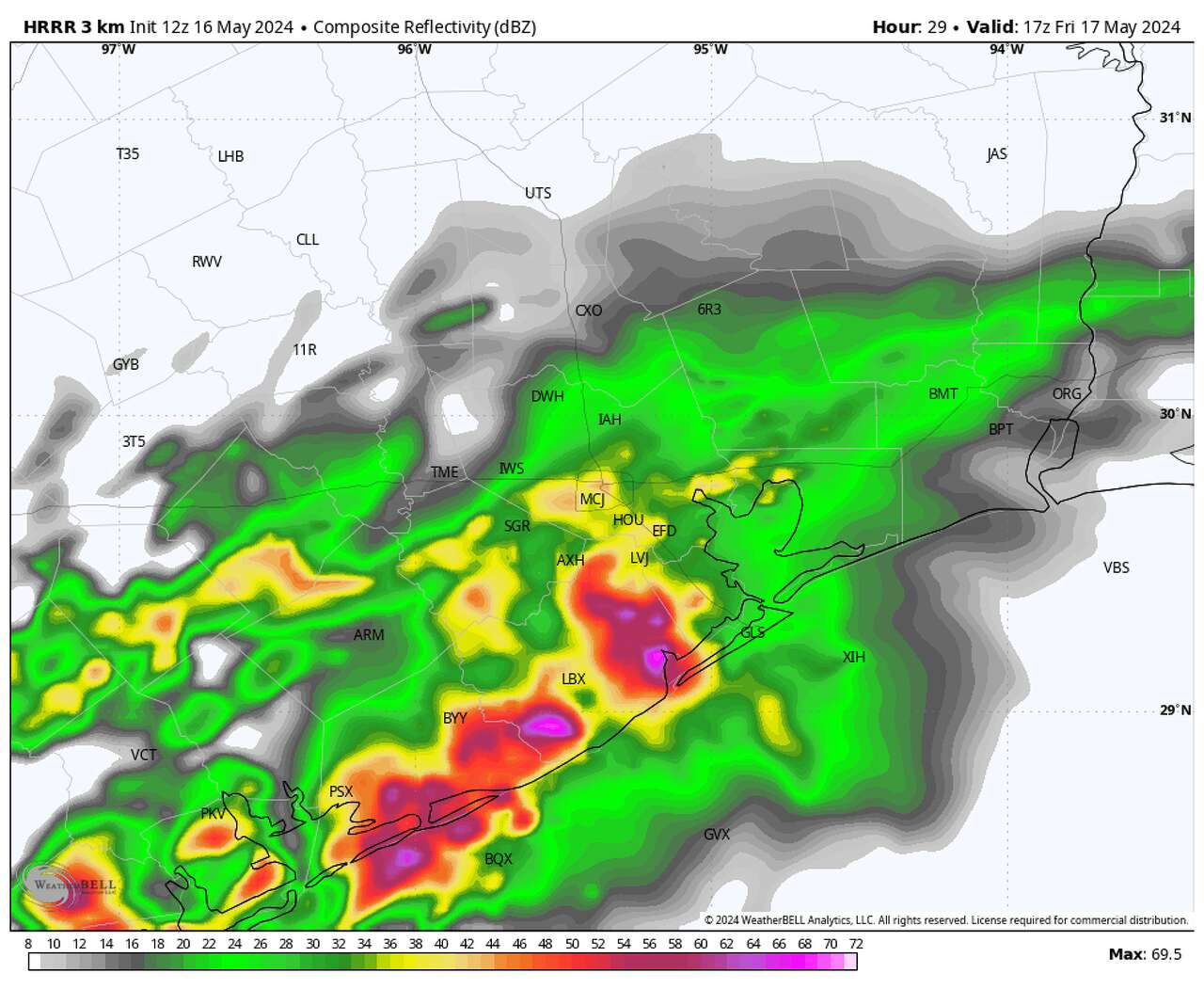 Shown is how future radar may look Friday afternoon in Southeast Texas, according to the High Resolution Rapid Refresh model. A stalled boundary coupled with an upper-level disturbance will result in flourishing rain chances Friday, especially between I-10 and the coastline.