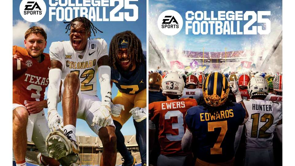 This combo of images provided by EA Sports, shows the video game covers for the new standard edition College Football 25, left, and Deluxe Edition College Football 25, featuring Texas' Quinn Ewers, Colorado's Travis Hunter, and Michigan's Donovan Edwards. (EA Sports via AP)