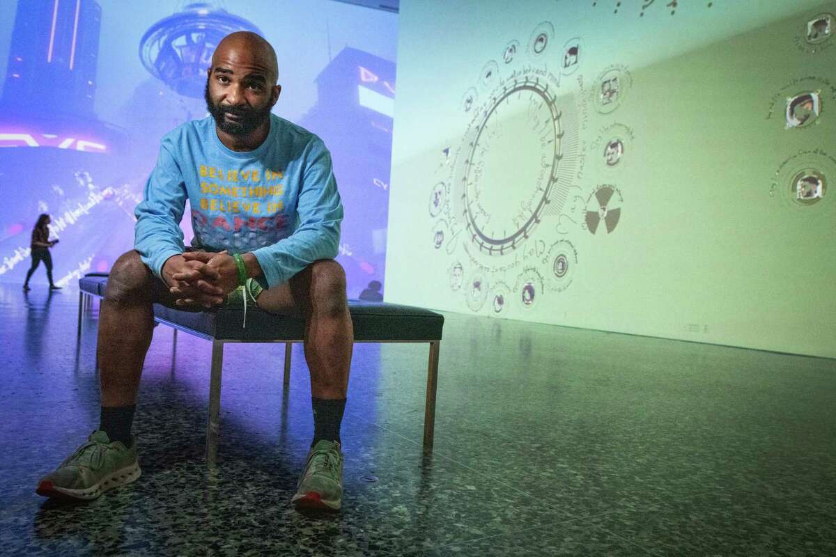 Jacolby Satterwhite poses for a portrait in his work: Jacolby Satterwhite: A Metta Prayer on Thursday, May 16, 2024 in Houston.