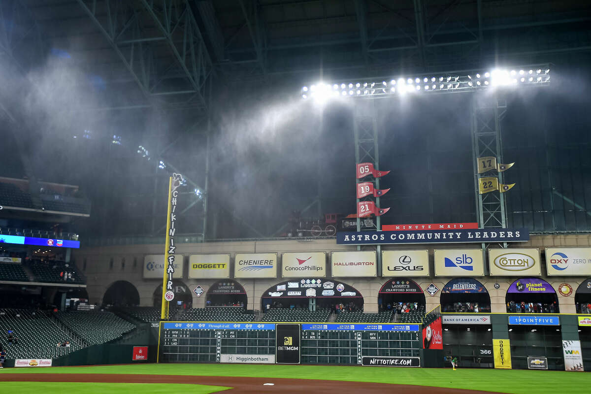 Rain and wind sweep through before the game between the Houston Astros and Oakland Athletics Minute Maid Park on May 16, 2024 in Houston, Texas.