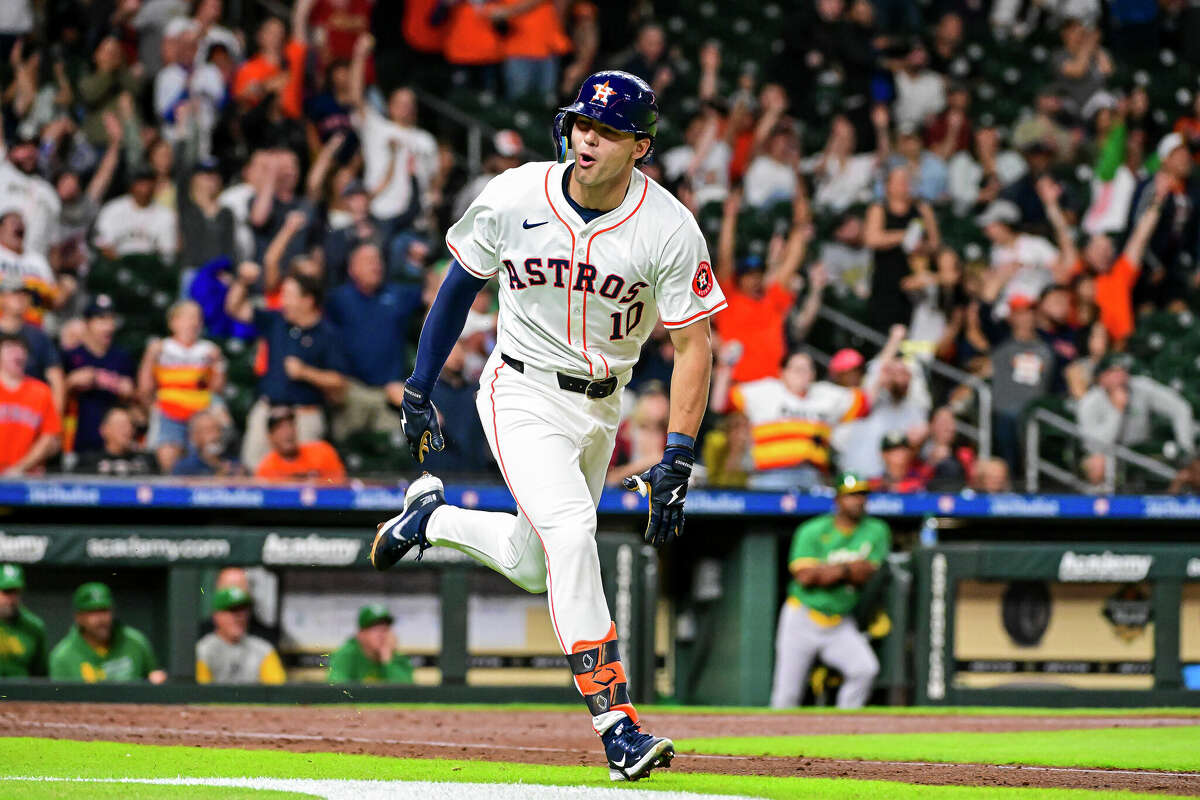 Joey Loperfido #10 of the Houston Astros celebrates after hitting a two-run home run in the third inning against the Oakland Athletics at Minute Maid Park on May 16, 2024 in Houston, Texas. 