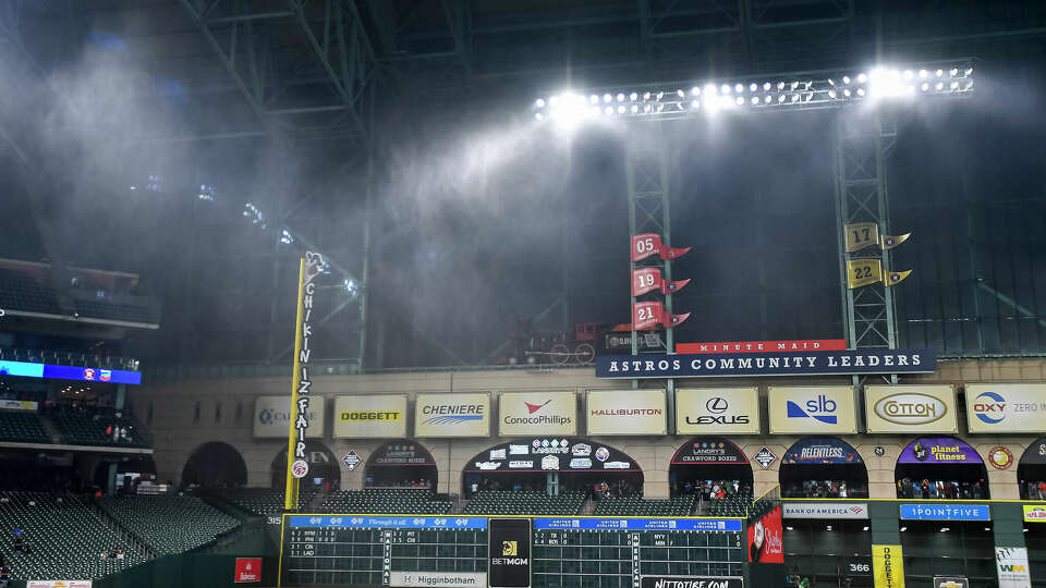 Rain and wind sweep through before the game between the Houston Astros and Oakland Athletics Minute Maid Park on May 16, 2024 in Houston, Texas. (Photo by Logan Riely/Getty Images)