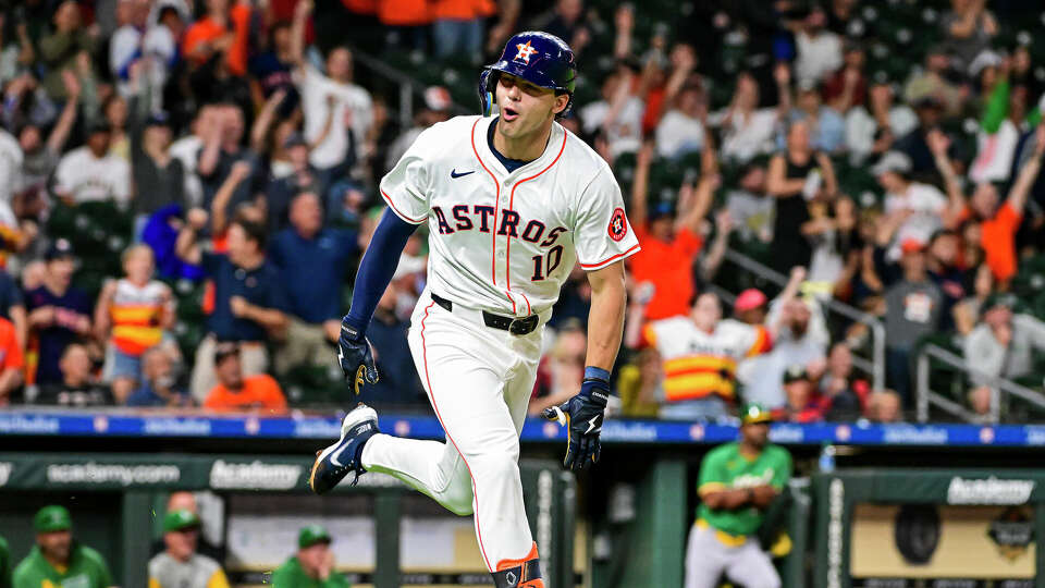 Joey Loperfido #10 of the Houston Astros celebrates after hitting a two-run home run in the third inning against the Oakland Athletics at Minute Maid Park on May 16, 2024 in Houston, Texas. (Photo by Logan Riely/Getty Images)