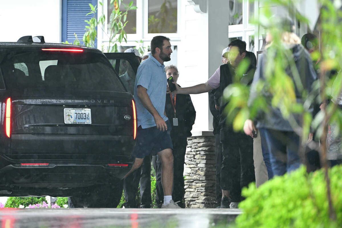 Scottie Scheffler arrives to the course during the second round of PGA Championship at Valhalla Golf Club on May 17, 2024 in Louisville, Kentucky.