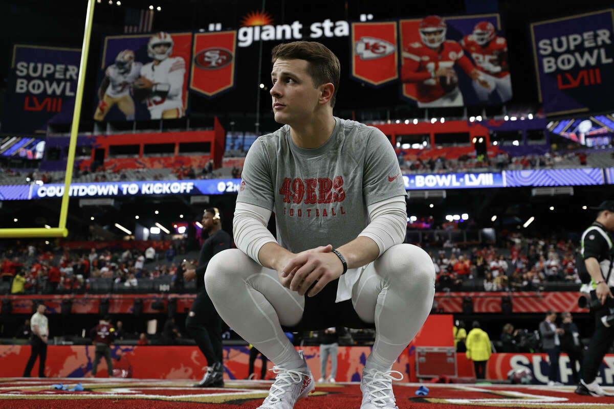 Brock Purdy of the San Francisco 49ers before Super Bowl LVIII against the Kansas City Chiefs at Allegiant Stadium on February 11, 2024 in Las Vegas, Nevada.