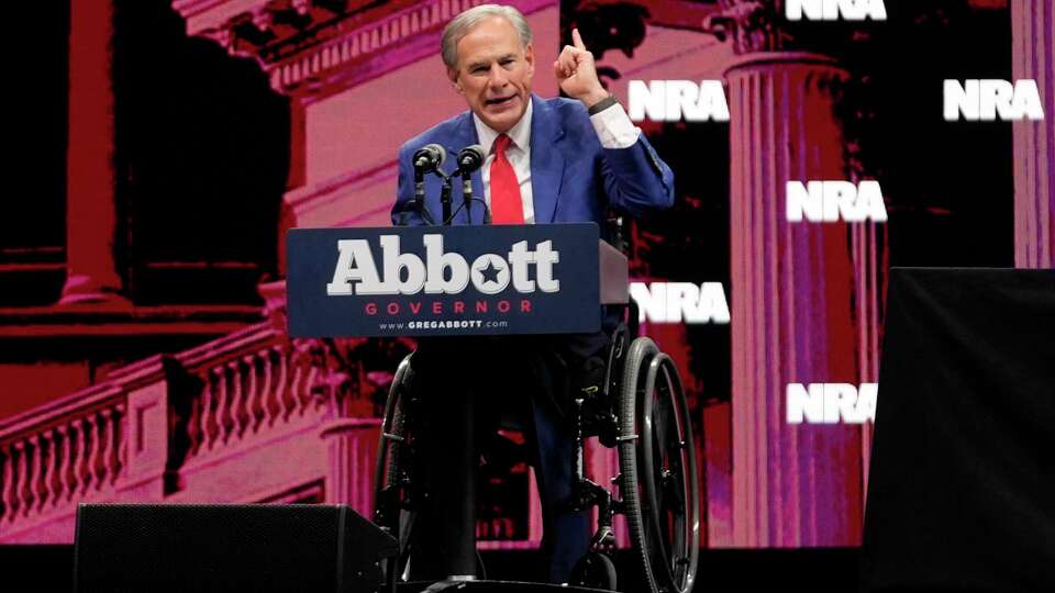 Texas Gov. Greg Abbott speaks before former President Donald Trump arrives at the National Rifle Association Convention, Saturday, May 18, 2024, in Dallas. (AP Photo/LM Otero)