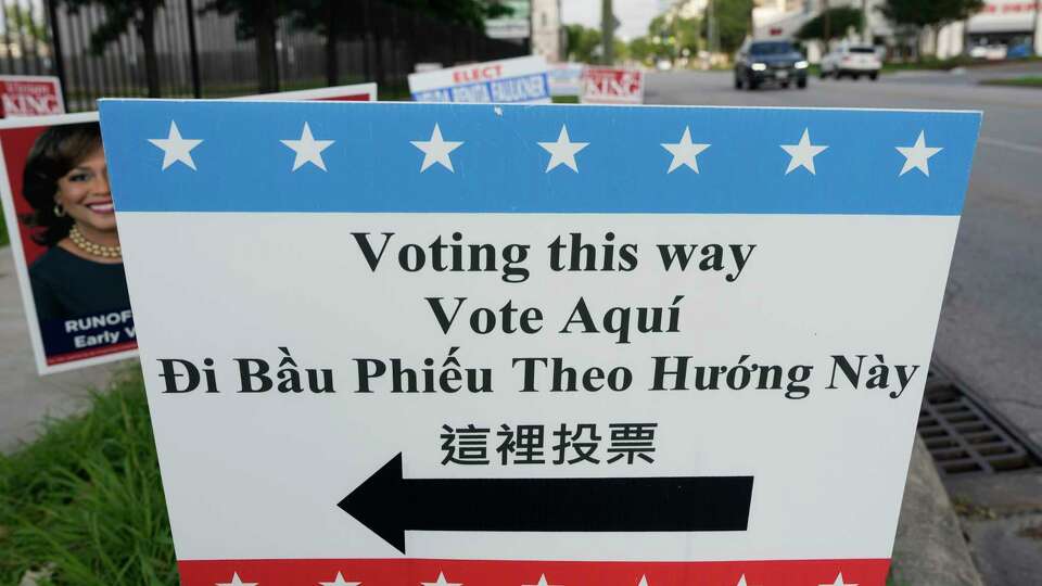 Vote signs are seen on the first day of early voting for the Primary Runoff Elections Monday, May 20, 2024 at Metropolitan MultiService Center in Houston.