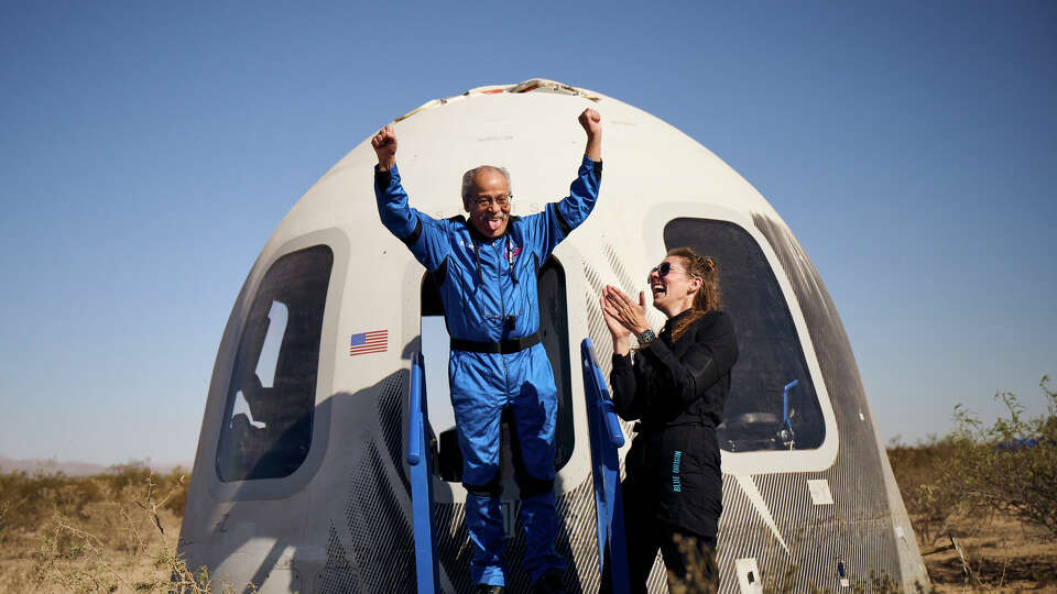 Ed Dwight, America's first Black astronaut candidate, is shown exiting Blue Origin's New Shepard spacecraft on May 19, 2024. Dwight was among six passengers that launched atop the company's suborbital rocket.