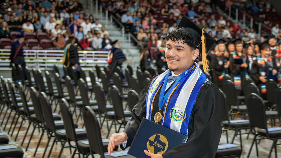 Edwin Pleitez, 17, was one of nearly 100 Latino graduates who participated in Lone Star College's first Spanish-language commencement on Saturday, May 18, 2024, in Houston.