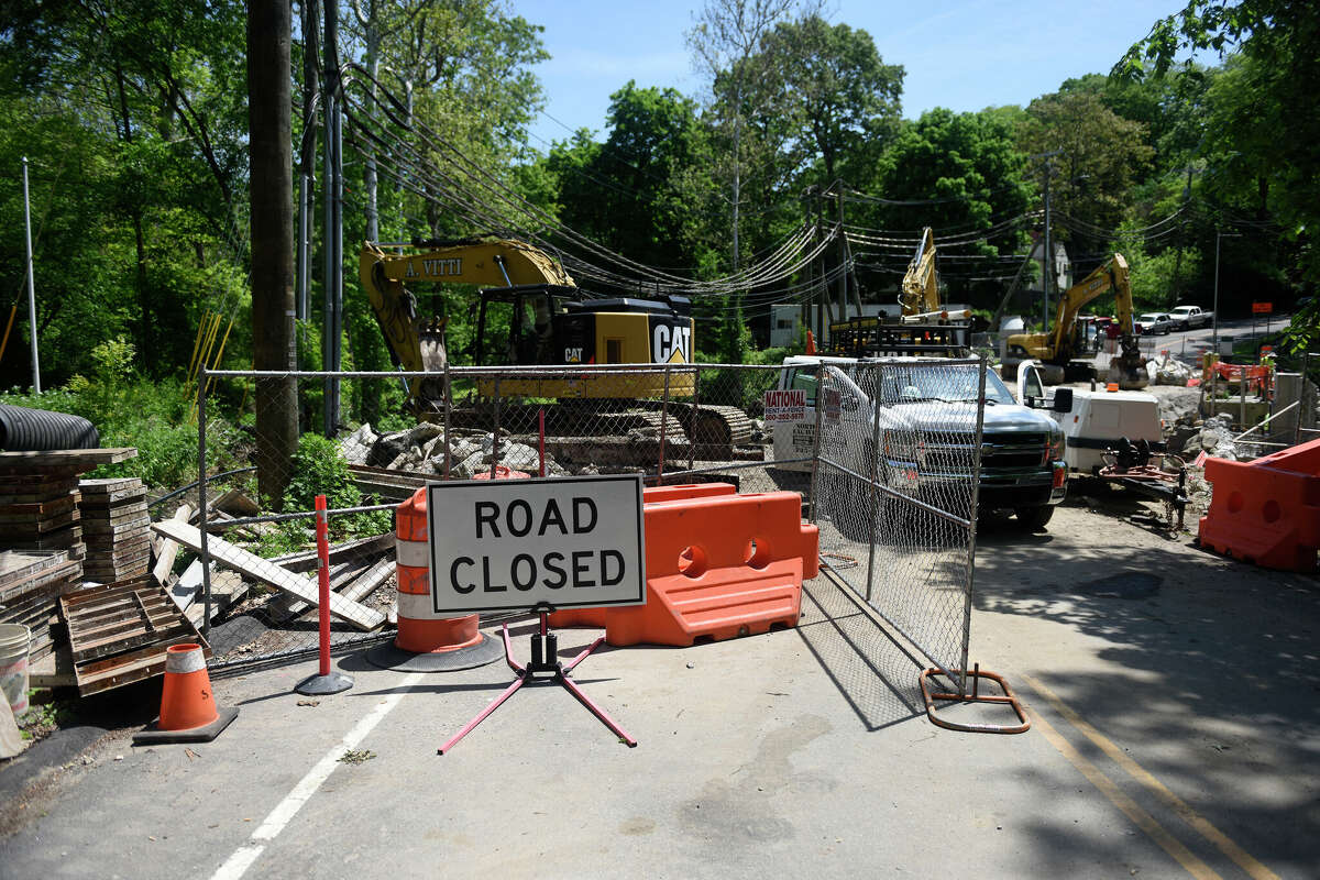 Construction continues on the Cedar Heights Road bridge replacement in Stamford, Conn. May 20, 2024. A project to replace the bridge on Cedar Heights Road is now expected to be finished in November — a year later than initially scheduled.