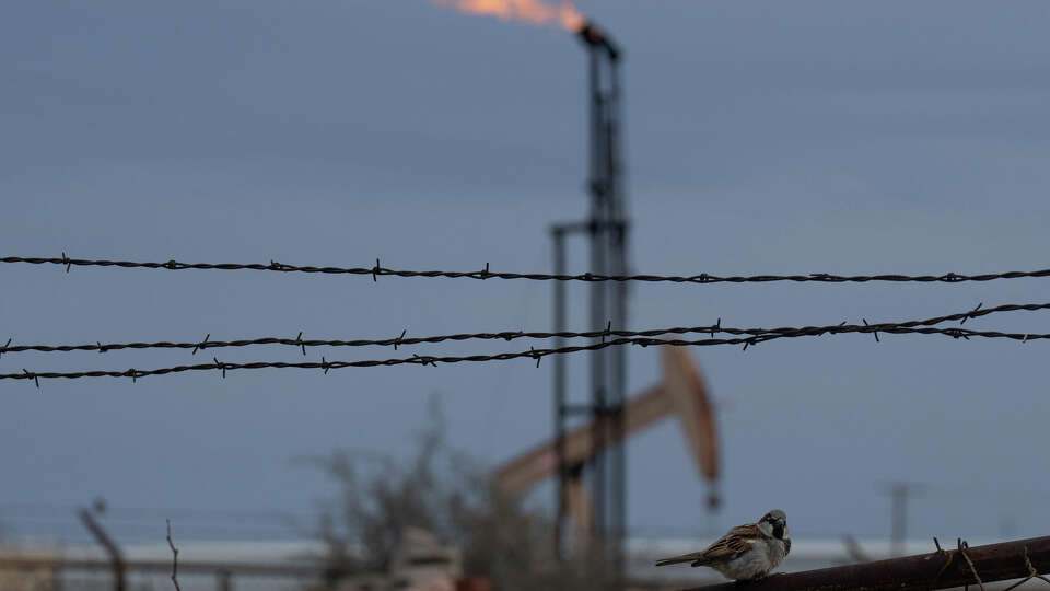 A flare and a pump jack in a neighborhood on Wednesday, March 6, 2024 in Odessa.