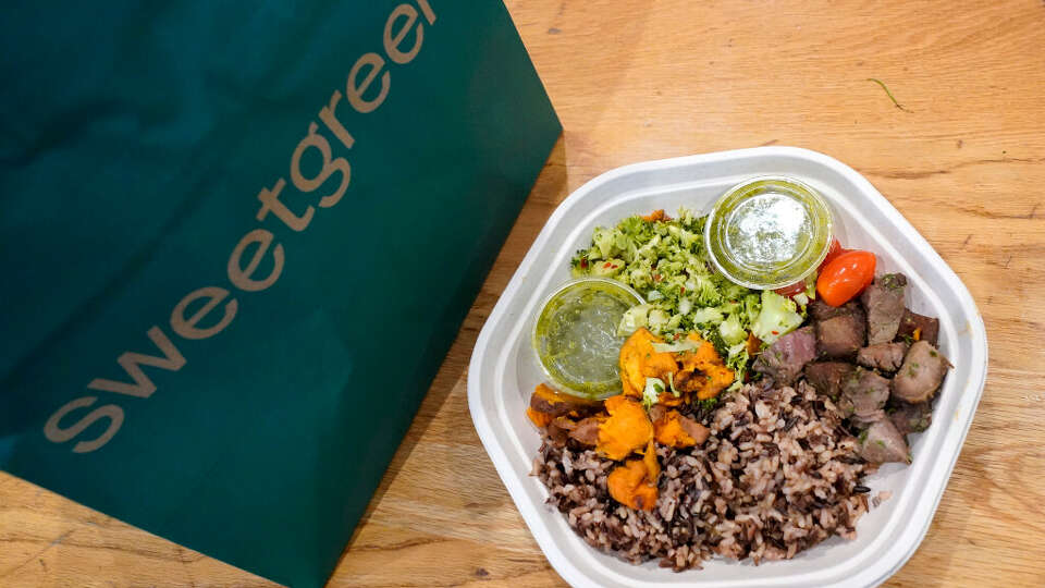 Sweetgreen's new caramelized garlic steak bowl sits on the table on Thursday, May 9, 2024, in New York.