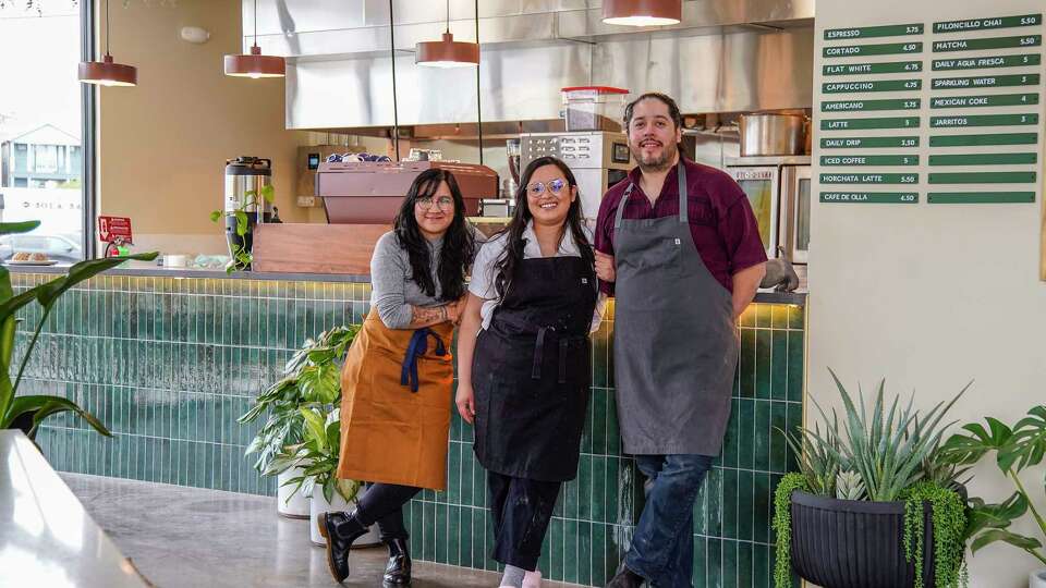 Marlen Mendoza, left, oversees coffee components, with Stephanie Velasquez, center, co-owner / founder and chef, and chef Nicolas Vera at Ema, in the Heights on Wednesday, March 20, 2024, in Houston.