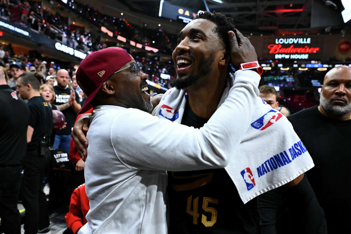 Donovan Mitchell #45 of the Cleveland Cavaliers celebrates after defeating the Orlando Magic in Game Seven of the Eastern Conference First Round Playoffs at Rocket Mortgage Fieldhouse on May 05, 2024 in Cleveland, Ohio.