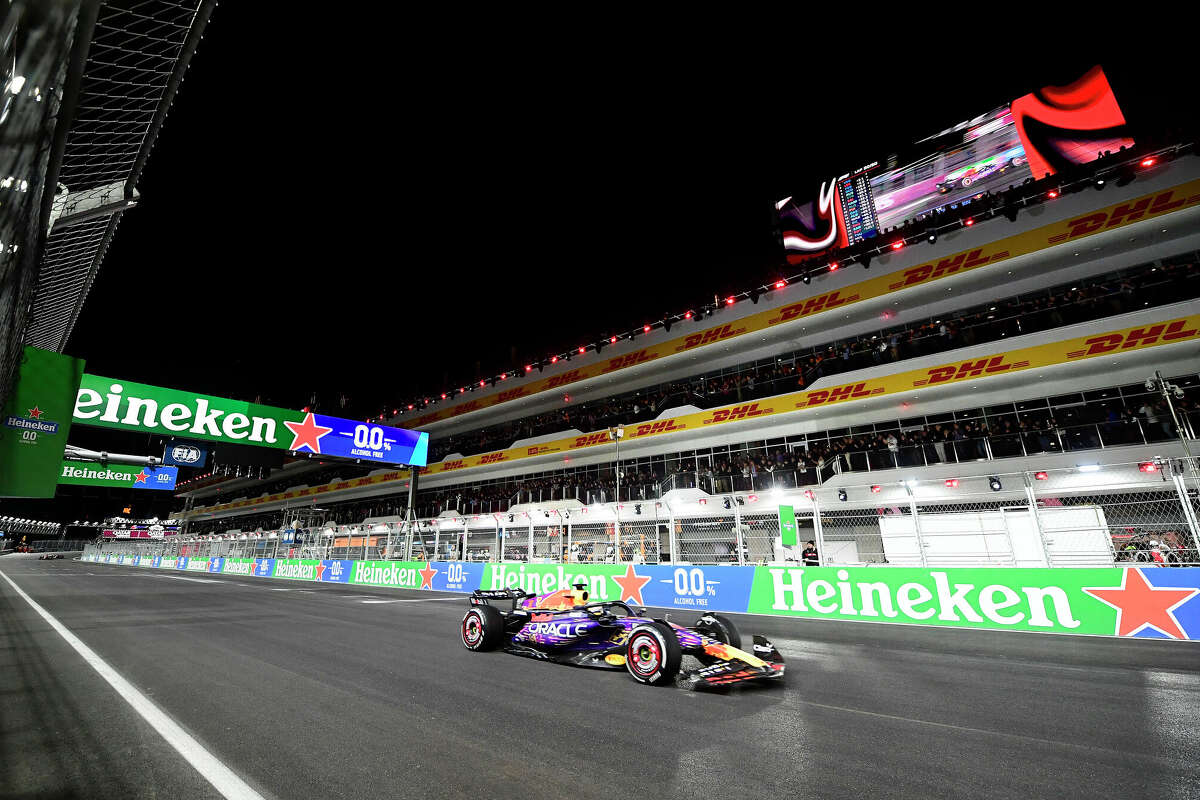 Max Verstappen races down the front straight after winning the inaugural Formula 1 Las Vegas Grand Prix in Las Vegas, NV on Saturday, Nov. 18, 2023.