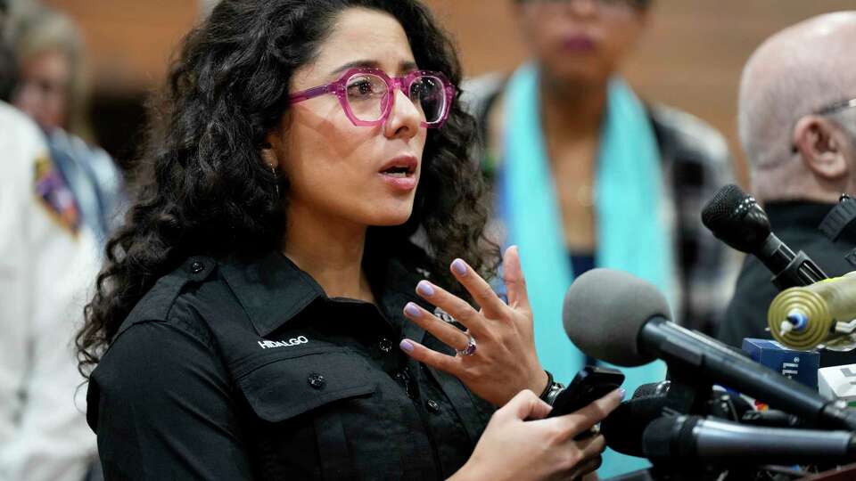 Harris County Judge Lina Hidalgo joins Houston and federal officials in a press conference regarding recovery and assistance after last week's storms Tuesday, May 21, 2024 at Fondé Community Center in Houston.