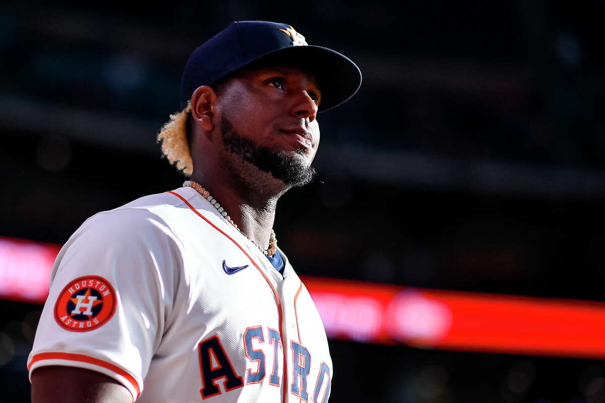 Ronel Blanco #56 of the Houston Astros walks onto the field prior to the game against the Oakland Athletics at Minute Maid Park on May 14, 2024 in Houston, Texas.