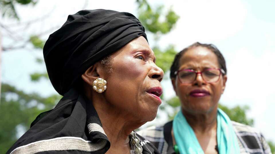 U.S. Congresswoman Sheila Jackson Lee is photographed while speaking to FEMA Administrator Deanne Criswell, who is visiting damaged Sinclair Elementary School, Tuesday, May 21, 2024 at Timbergrove in Houston.