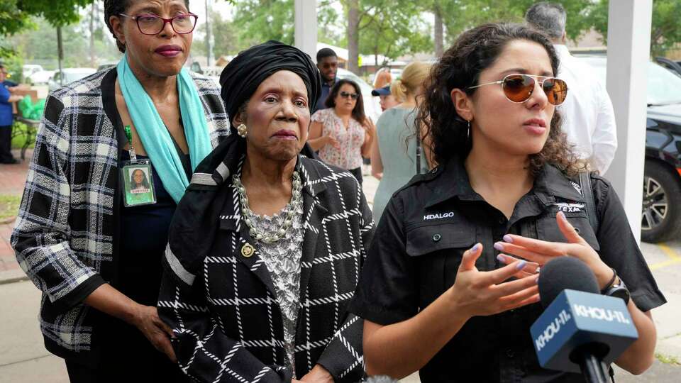 Harris County Judge Lina Hidalgo and U.S. Congresswoman Sheila Jackson Lee speak to the press after visiting damaged Sinclair Elementary School Tuesday, May 21, 2024 at Timbergrove in Houston.