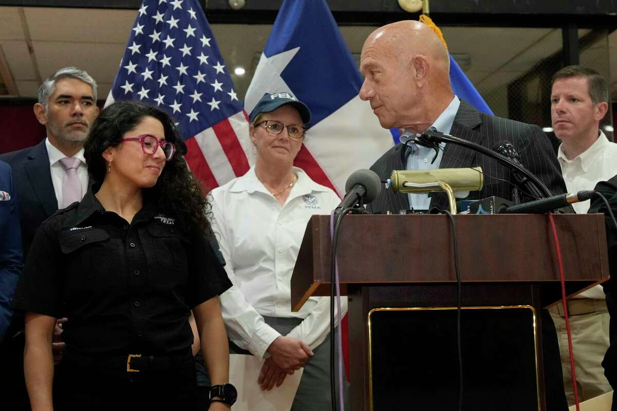 Houston Mayor John Whitmire invites Harris County Judge Lina Hidalgo to speak and provide updates regarding to assistance and recovery from last week's storms Tuesday, May 21, 2024 at Fondé Community Center in Houston.