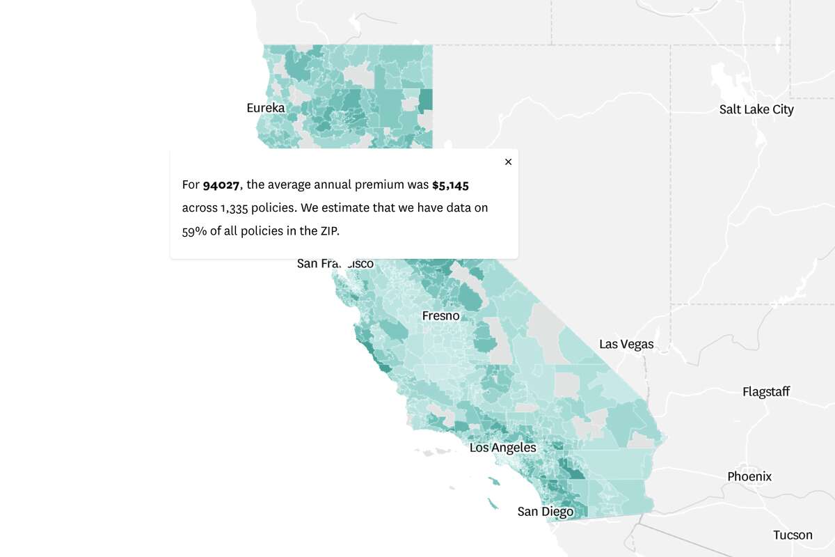 A screenshot of the map for California that is interactive and shows readers the weighted average premium at a ZIP code level. 