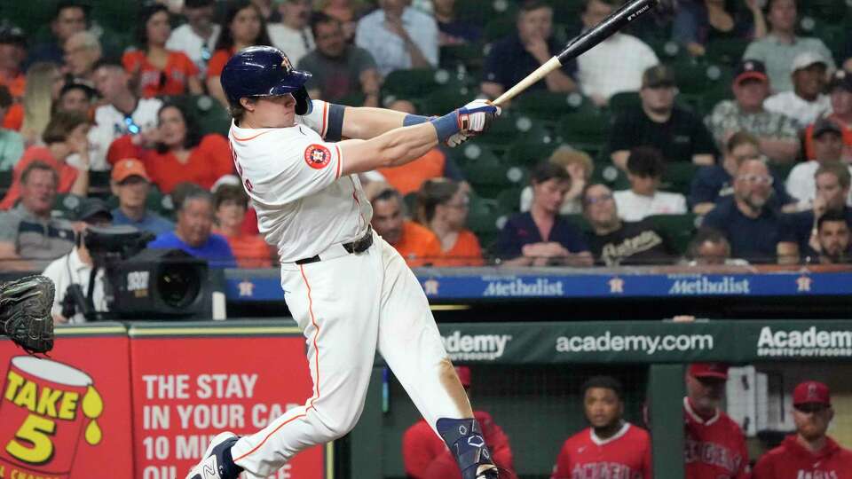 Houston Astros Jake Meyers (6) singles during the fourth inning of an MLB baseball game at Minute Maid Park on Wednesday, May 22, 2024, in Houston.