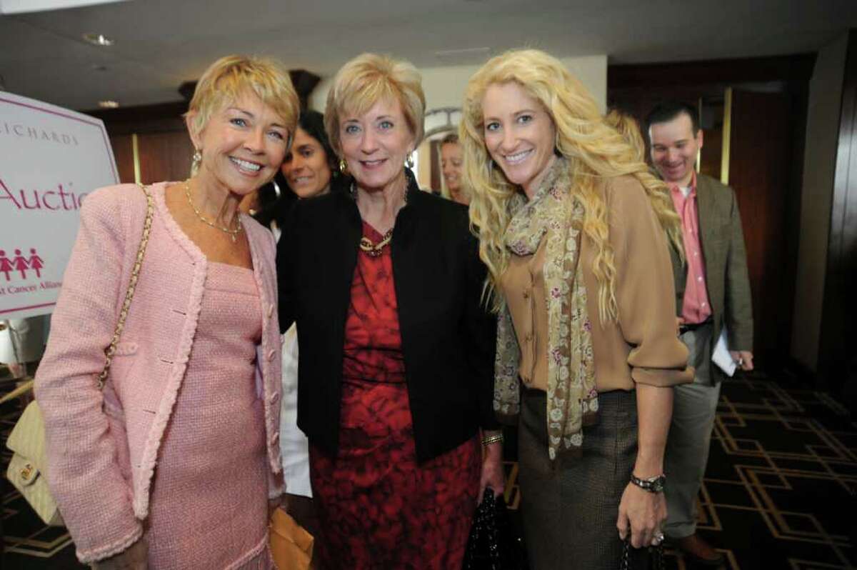 Dee Mayberry, of Greenwich, Linda McMahon, Republican candidate for U.S. senator, and Betsy Korn, of Greenwich, at the Breast Cancer Alliance's benefit luncheon at the Hyatt Regency Greenwich, on Thursday, Oct. 28, 2010.