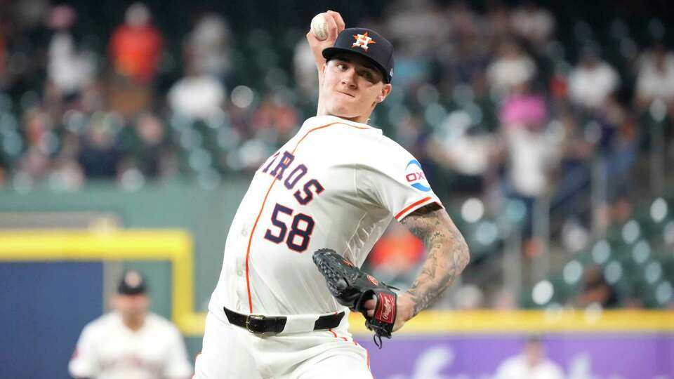 Houston Astros starting pitcher Hunter Brown (58) pitches to Los Angeles Angels Nolan Schanuel during the first inning of an MLB baseball game at Minute Maid Park on Thursday, May 23, 2024, in Houston.