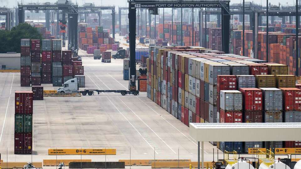 Shipping containers are seen awaiting transport by 18-wheelers are seen at the Port of Houston, Tuesday, May 21, 2024, in Houston.