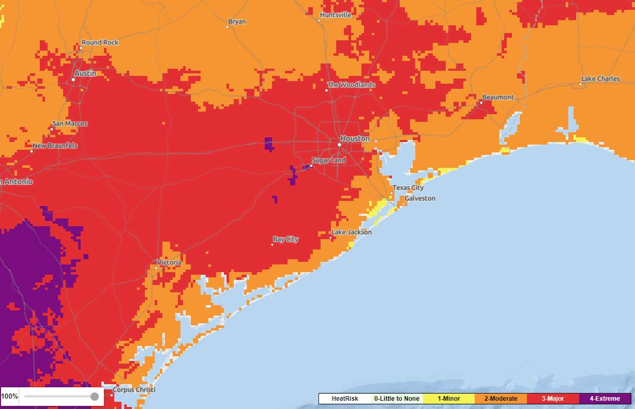 The National Weather Service HeatRisk map shows Houston under a lever 4 out of 5 risk of excessive heat through the Memorial Day holiday. 