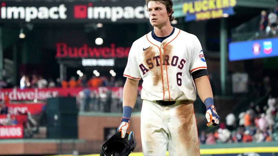 Houston Astros Jake Meyers reacts after grounding out to end an MLB baseball game at Minute Maid Park on Thursday, May 23, 2024, in Houston. Astros lost to the Los Angeles Angels 2-1.