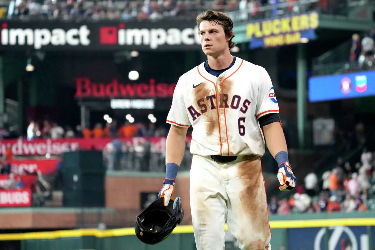 Houston Astros Jake Meyers reacts after grounding out to end an MLB baseball game at Minute Maid Park on Thursday, May 23, 2024, in Houston. Astros lost to the Los Angeles Angels 2-1.