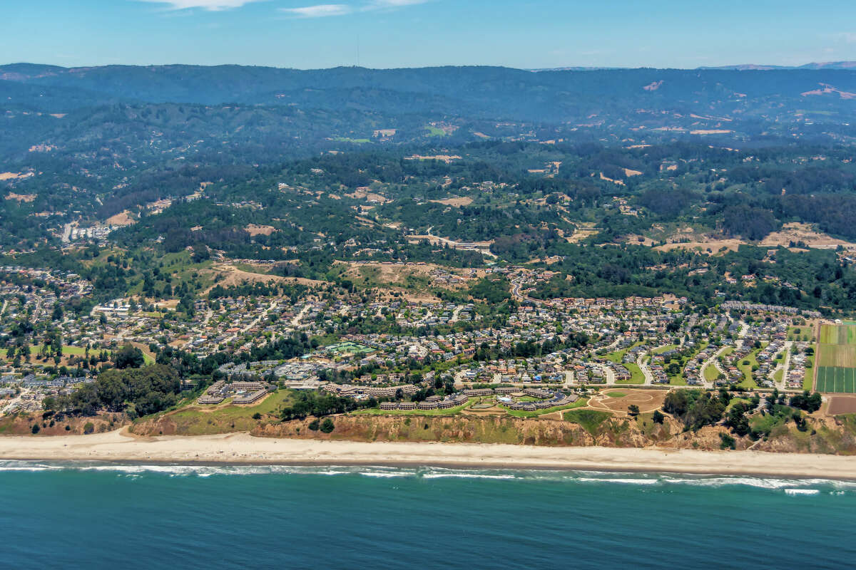 An aerial view of California coast with the town of Aptos in Santa Cruz County.