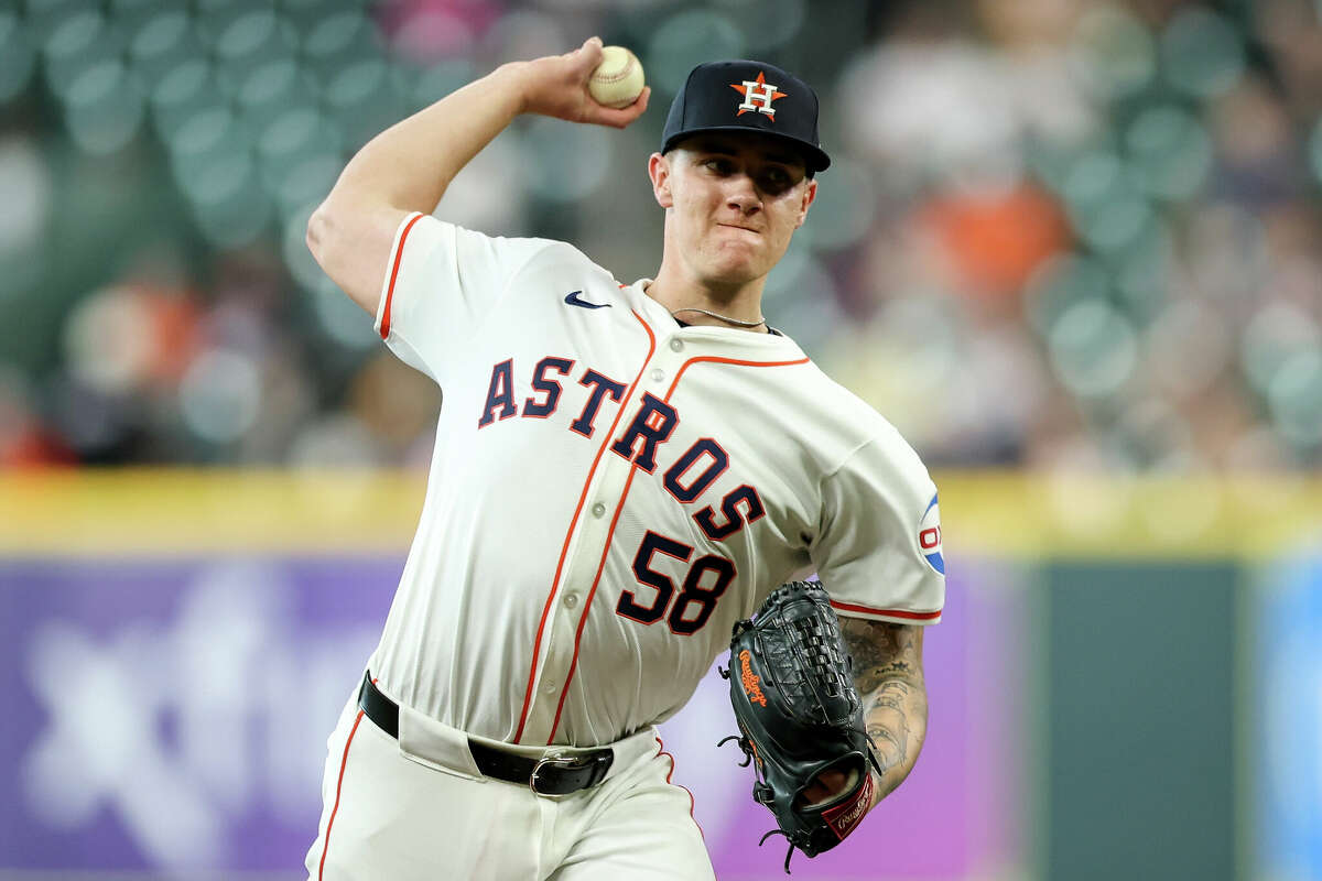 Hunter Brown #58 of the Houston Astros pitches in the second inning against the Los Angeles Angels at Minute Maid Park on May 22, 2024 in Houston, Texas. 