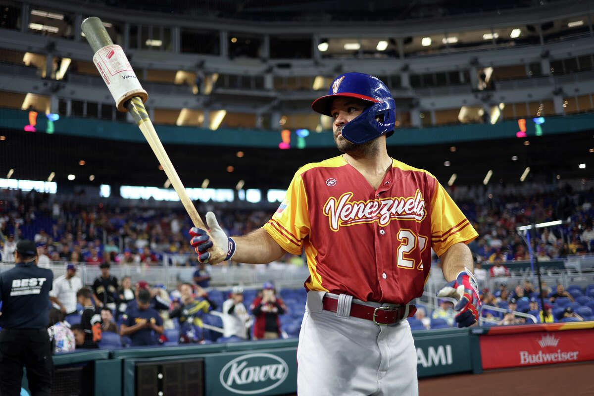 Jose Altuve #27 of Team Venezuela stands on deck during Game 9 of Pool D between Team Venezuela and Team Israel at loanDepot Park on Wednesday, March 15, 2023 in Miami, Florida.