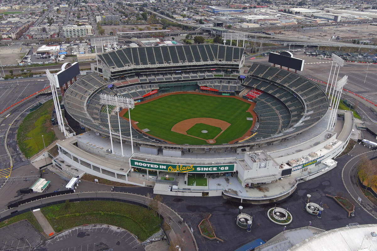 A general overall aerial view of the Oakland-Alameda County Coliseum on December 31, 2023 in Oakland, California.