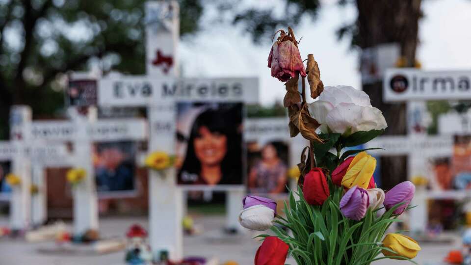 A makeshift memorial still stands outside of Robb Elementary School in Uvalde on Wednesday, May 22, 2024, nearly two years after an 18-year-old gunman killed 19 fourth-graders and two teachers inside the school.